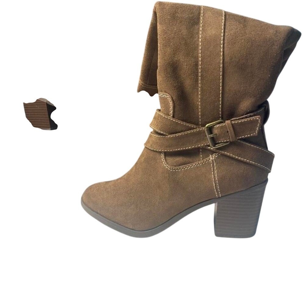 New Direction Brown faux suede kneehigh boots buckle/cross straps,thick stitch 7